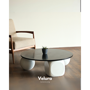 Küre Orta Sehpa - 2 Beyaz Top & 1 Beyaz Zar - Yuvarlak - Siyah Mdf 90x90 cm