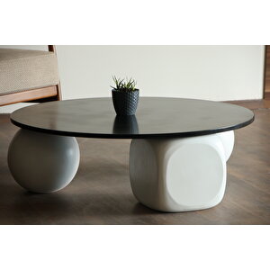 Küre Orta Sehpa - 2 Beyaz Top & 1 Beyaz Zar - Yuvarlak - Siyah Mdf 90x90 cm