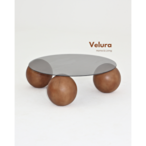 Küre Orta Sehpa - Ceviz Top - Yuvarlak - Füme Cam 90x90 cm