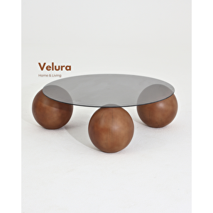 Küre Orta Sehpa - Ceviz Top - Yuvarlak - Füme Cam 90x90 cm