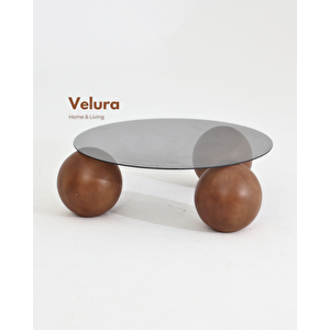 Küre Orta Sehpa - Ceviz Top - Yuvarlak - Füme Cam 90x90 cm