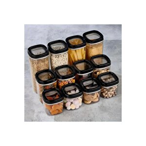 Erzak Saklama Kabı 12 Parça Set Siyah (4 Adet 1800ml - 4 Adet 1000ml - 4 Adet 600ml)