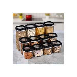 Erzak Saklama Kabı 12 Parça Set Siyah (4 Adet 1800ml - 4 Adet 1000ml - 4 Adet 600ml)