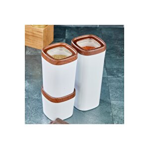 Mugiss Saklama Kabı Ahşap Kaplama Kapak Beyaz Renkli Hazne 3'lü Set 1800ml 1000ml 600ml