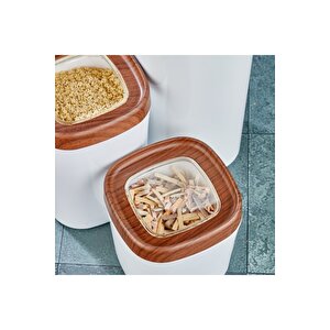 Mugiss Saklama Kabı Ahşap Kaplama Kapak Beyaz Renkli Hazne 3'lü Set 1800ml 1000ml 600ml