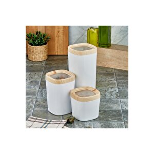 Mugiss Saklama Kabı Ahşap Kaplama Kapak Beyaz Renkli Hazne 3'lü Set 1800ml 1000ml 600ml