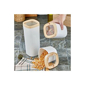 Mugiss Saklama Kabı Ahşap Kaplama Kapak Beyaz Renkli Hazne 3'lü Set 1800ml 1000ml 600ml