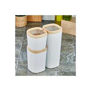 Mugiss Saklama Kabı Ahşap Kaplama Kapak Beyaz Renkli Hazne 3'lü Set 1800ml 1000ml 600ml
