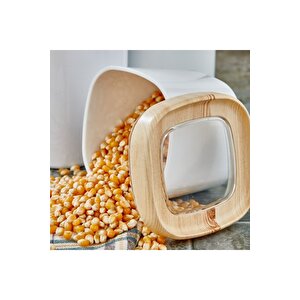 Mugiss Saklama Kabı Ahşap Kaplama Kapak Beyaz Renkli Hazne 3'lü Set 1800ml 1000ml 600ml