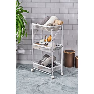 3 Katlı Katlanır Beyaz Renk Metal Çok Amaçlı Organizer Tekerlekli Düzenleyici Dikdörtgen Sepet