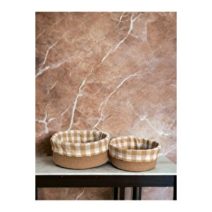2'li Kahverengi Pötikareli Sepet - Mutfak Organizer Seti - Cotton Basket 24 Ve 28 Cm Ölçülerinde