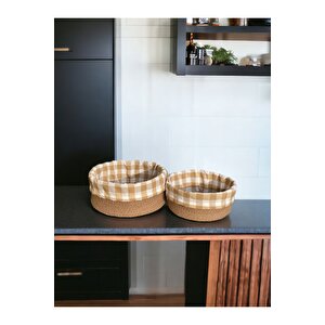 2'li Kahverengi Pötikareli Sepet - Mutfak Organizer Seti - Cotton Basket 24 Ve 28 Cm Ölçülerinde