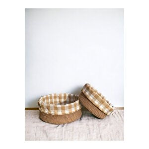 2'li Kahverengi Pötikareli Sepet - Mutfak Organizer Seti - Cotton Basket 24 Ve 28 Cm Ölçülerinde
