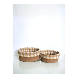 2'li Kahverengi Pötikareli Sepet - Mutfak Organizer Seti - Cotton Basket 24 Ve 28 Cm Ölçülerinde