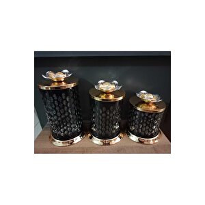 3 Lü Dekoratif Cam Kavanoz Metal Kapaklı + Tabaklı
