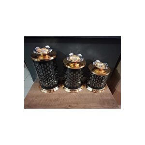 3 Lü Dekoratif Cam Kavanoz Metal Kapaklı + Tabaklı