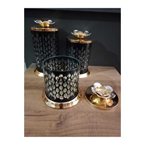 3 Lü Dekoratif Cam Kavanoz Metal Kapaklı + Tabaklı