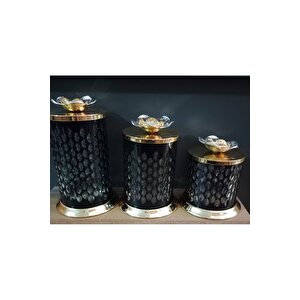 3 Lü Dekoratif Cam Kavanoz Metal Kapaklı + Tabaklı