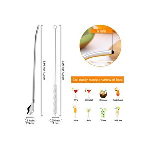 6'lı Paslanmaz Krom Pipetli Latte Kaşığı Kokteyl Kaşığı Ve Temizleme Fırçası, 22 Cm Yuvarlak Model