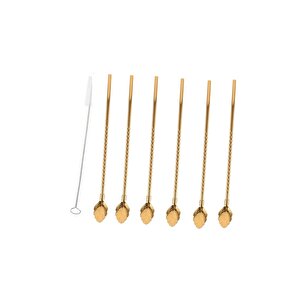 6'lı Paslanmaz Gold Pipetli Latte Kaşığı Kokteyl Kaşığı Ve Temizleme Fırçası, 22 Cm Yaprak Model