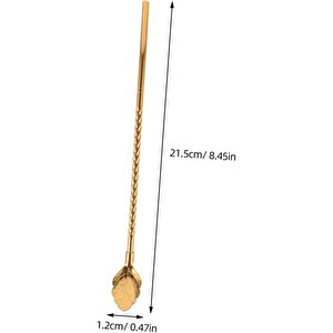 6'lı Paslanmaz Gold Pipetli Latte Kaşığı Kokteyl Kaşığı Ve Temizleme Fırçası, 22 Cm Yaprak Model