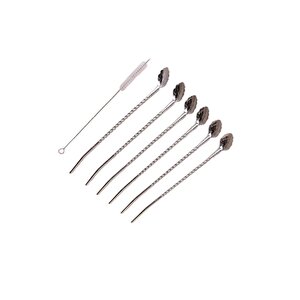 Krom Pipetli Latte Kaşığı Kokteyl Kaşığı Ve Temizleme Fırçası, 22 Cm 6'lı Paslanmaz  Yaprak Model