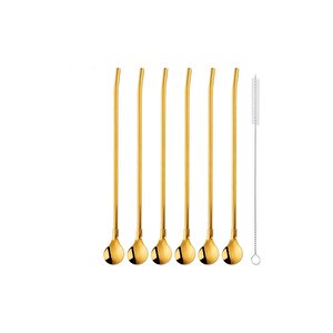 6'lı Gold Pipetli Latte Kaşığı Kokteyl Kaşığı Ve Temizleme Fırçası, 22 Cm Yuvarlak Model