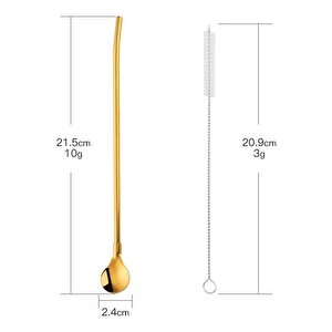 6'lı Gold Pipetli Latte Kaşığı Kokteyl Kaşığı Ve Temizleme Fırçası, 22 Cm Yuvarlak Model