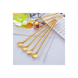 6'lı Gold Pipetli Latte Kaşığı Kokteyl Kaşığı Ve Temizleme Fırçası, 22 Cm Yuvarlak Model