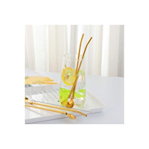 6'lı Gold Pipetli Latte Kaşığı Kokteyl Kaşığı Ve Temizleme Fırçası, 22 Cm Yuvarlak Model
