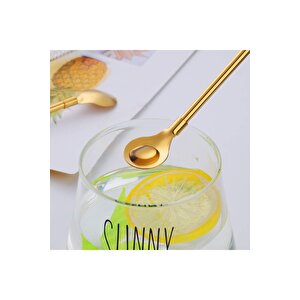 6'lı Gold Pipetli Latte Kaşığı Kokteyl Kaşığı Ve Temizleme Fırçası, 22 Cm Yuvarlak Model