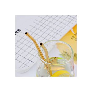 6'lı Gold Pipetli Latte Kaşığı Kokteyl Kaşığı Ve Temizleme Fırçası, 22 Cm Yuvarlak Model