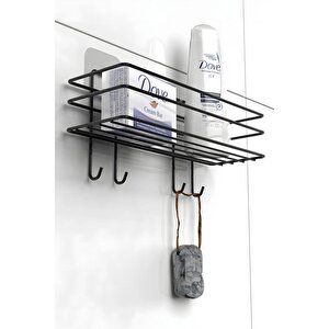 Yapışkanlı 4 Kancalı Banyo Rafı Mat Siyah Banyo Şampuanlık Duşakabin Duş Askısı