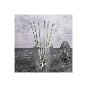 Kaşıklı Çelik Pipet 6lı + Fırça Kokteyl Karıştırıcı Kokteyl Kaşığı Bar Koktely Kaşığı 6lı
