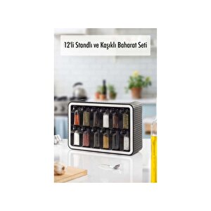 Standlı 12li Baharatlık Takımı  Kendinden Yapışkanlı Kaşıklı Ve Kapaklı Baharatlık Seti Siyah