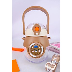 Ayıcık Desenli Askılı Sağlıklı Polikarbon Matara Suluk 800 Ml Kahverengi