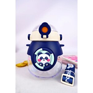 Panda Desenli Askılı Sağlıklı Polikarbon Matara Suluk 800 Ml Lacivert