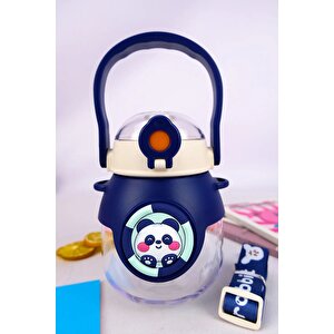 Panda Desenli Askılı Sağlıklı Polikarbon Matara Suluk 800 Ml Lacivert