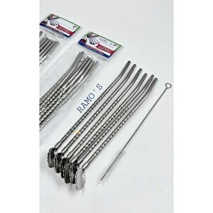 Kaşıklı Pipet Seti 6 Lı Çelik + Temizleme Fırçası 22 Cm