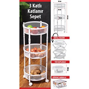 3 Katlı Pratik Katlanır Metal Beyaz Renk Tekerlekli Sepet Patates Soğanlık - Çok Amaçlı Organizer