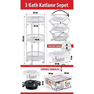 3 Katlı Pratik Katlanır Metal Beyaz Renk Tekerlekli Sepet Patates Soğanlık - Çok Amaçlı Organizer