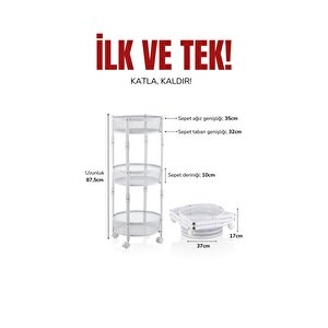 3 Katlı Pratik Katlanır Metal Beyaz Renk Tekerlekli Sepet Patates Soğanlık - Çok Amaçlı Organizer