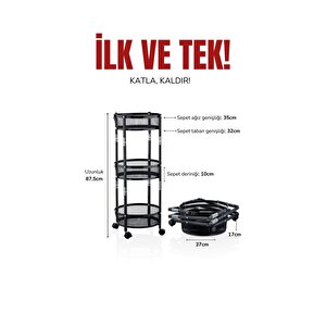 3 Katlı Pratik Katlanır Metal Siyah Renk Tekerlekli Çok Amaçlı Sepet