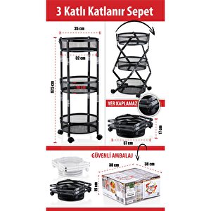 3 Katlı Pratik Katlanır Metal Siyah Renk Tekerlekli Çok Amaçlı Sepet