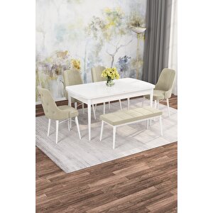 Arven Serisi 80x132 Açılabilir Mdf Beyaz Mutfak Masa Takımı 4 Sandalye 1 Bench