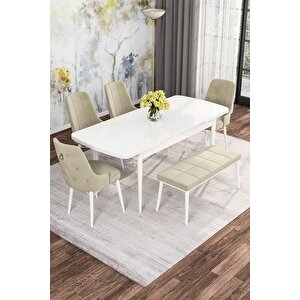 Arven Serisi 80x132 Açılabilir Mdf Beyaz Mutfak Masa Takımı 4 Sandalye 1 Bench