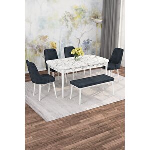 Arven Serisi 80x132 Açılabilir Mdf Beyaz Mermer Desen Mutfak Masa Takımı 4 Sandalye 1 Bench Antrasit