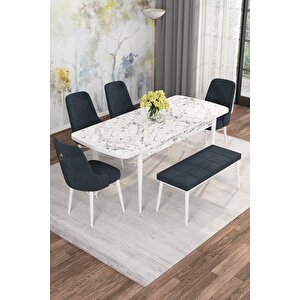 Arven Serisi 80x132 Açılabilir Mdf Beyaz Mermer Desen Mutfak Masa Takımı 4 Sandalye 1 Bench Antrasit