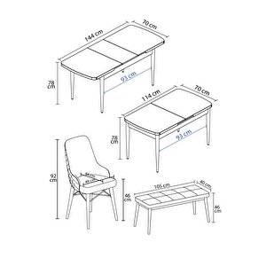 Arven Serisi 80x132 Açılabilir Mdf Beyaz Mermer Desen Mutfak Masa Takımı 4 Sandalye 1 Bench