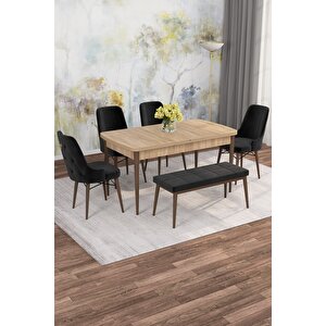 Arven Serisi 80x132 Açılabilir Mdf Atlantik Çam Mutfak Masa Takımı 4 Sandalye 1 Bench Siyah